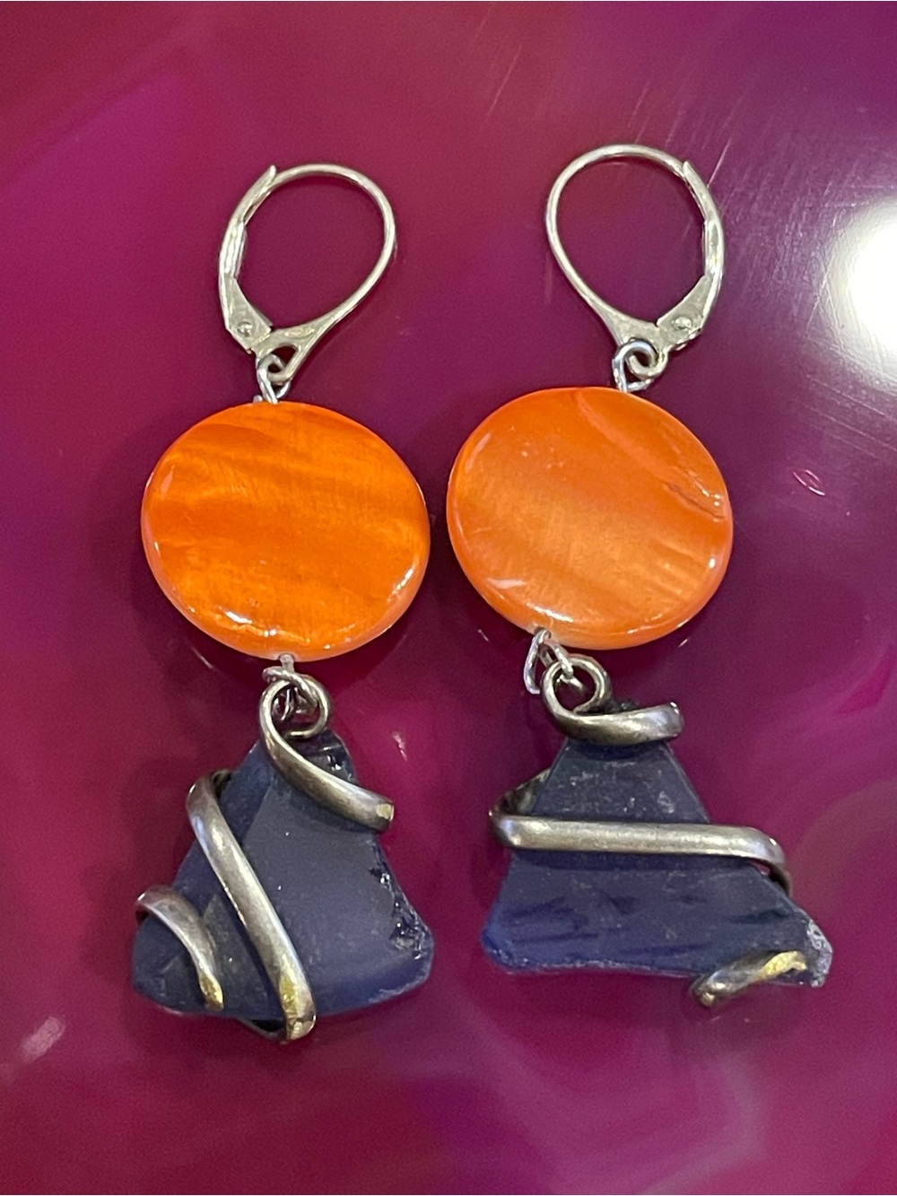 Sea Glass & Dyed Shell Pierced Dangling Earrings #8991